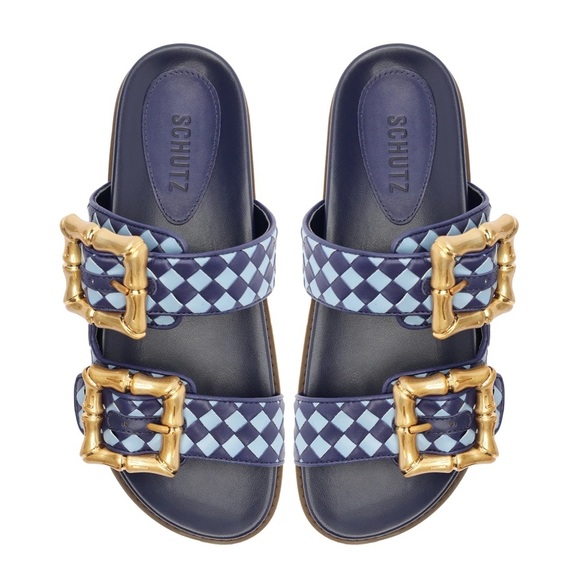 SCHUTZ Enola Sporty Blue Leather Bamboo Gold Buckle Sandal Slide 8.5 - Picture 1 of 11
